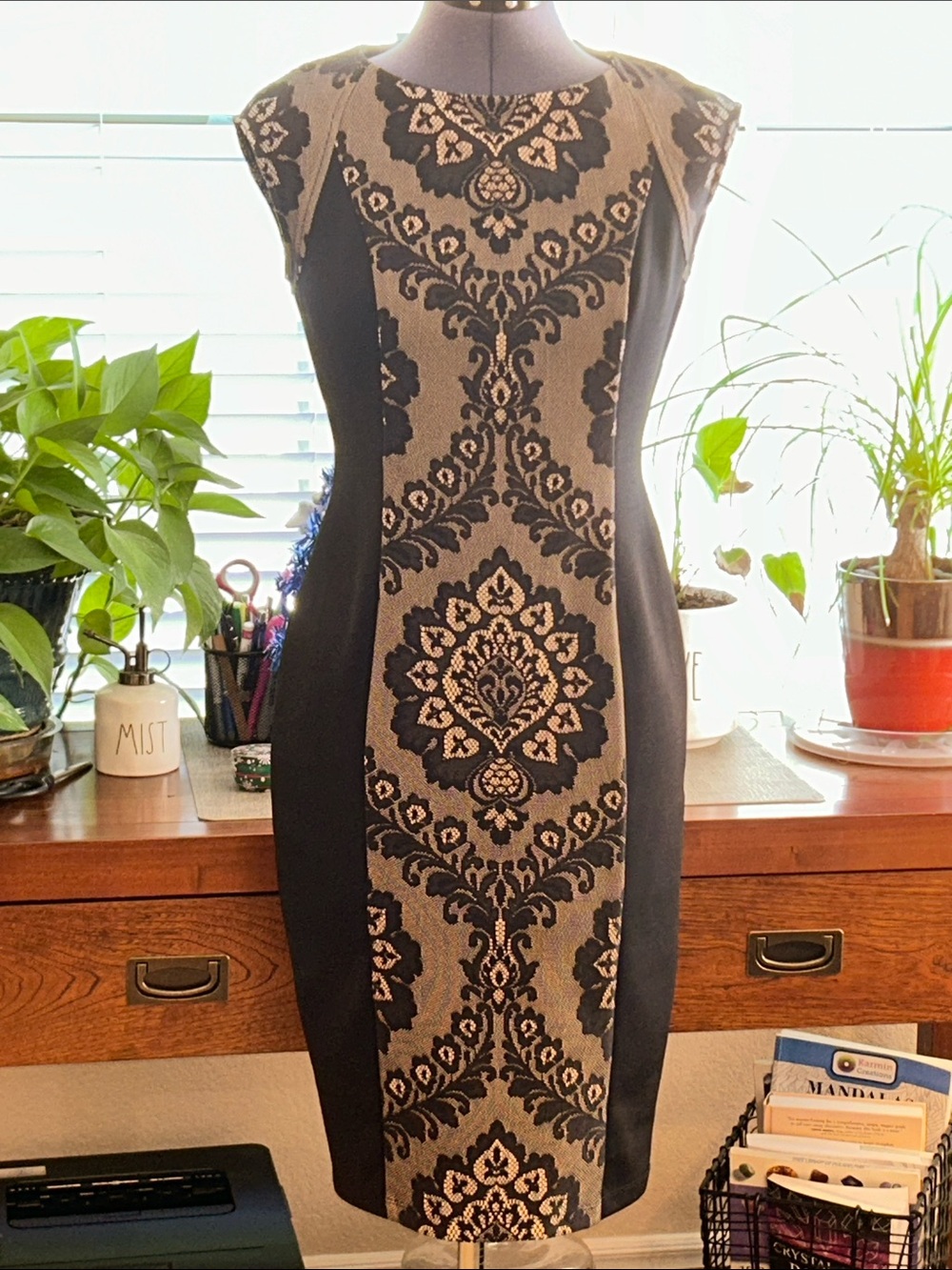 Donna Morgan Black and Taupe Laced Midi Sheath Dress